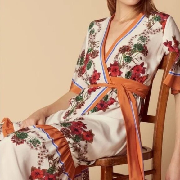 Sandro Joya Silk Multi Floral Short Sleeve Midi Wrap Dress S $690 - Picture 1 of 14